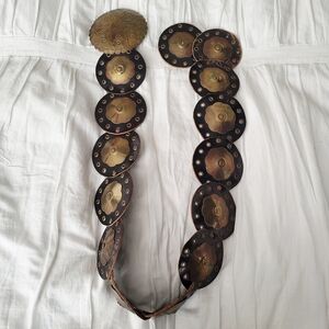 Bohemian Leather Belt Features Ornate Round Brass Buckle Gold-Tone Brass Discs